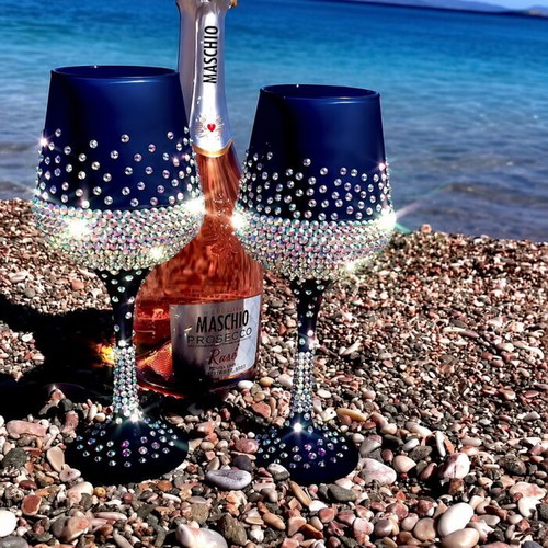 Handmade dark blue glasses with Swarovski crystals, set of 2