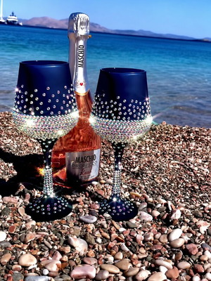 Handmade dark blue glasses with Swarovski crystals, set of 2
