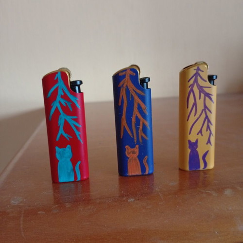Hand-painted lighters with cat design, set of 3
