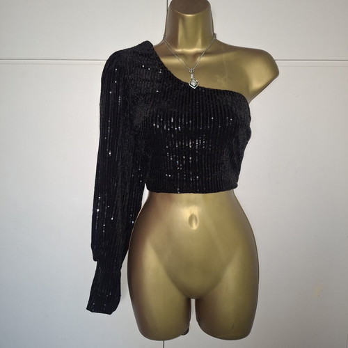Lynne black velvet one shoulder crop sequin top size 40