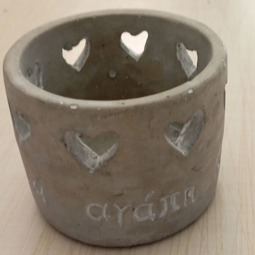 Handmade cement candle holder like new with pierced heart design