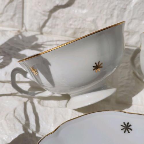 Porcelain coffee cups retro used, set of 4 cups and 3 saucers, Czechoslovakia