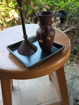 Vintage handmade brass decoration set with wooden candle holder and vase