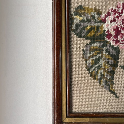 Vintage handmade embroidery wall frame with flowers and wooden frame