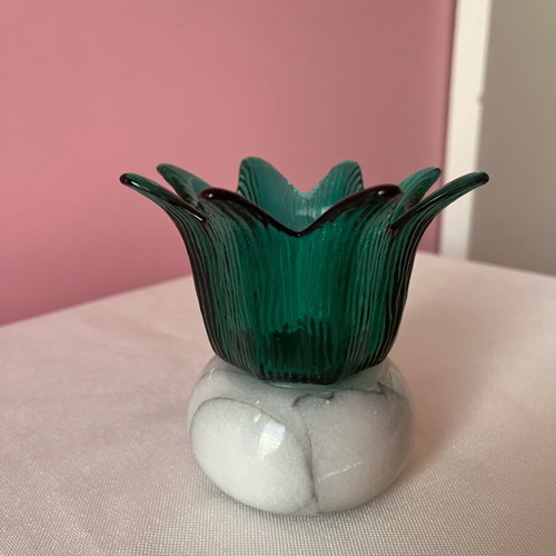 Vintage tulip candleholder & vase like new, green glass with marble base