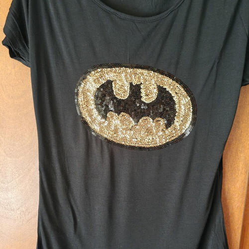 Women's short-sleeve Batman t-shirt new, black and gold sequins, size S