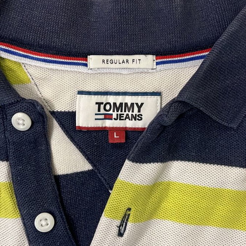 Tommy Jeans Polo Shirt, navy white yellow stripes, size L