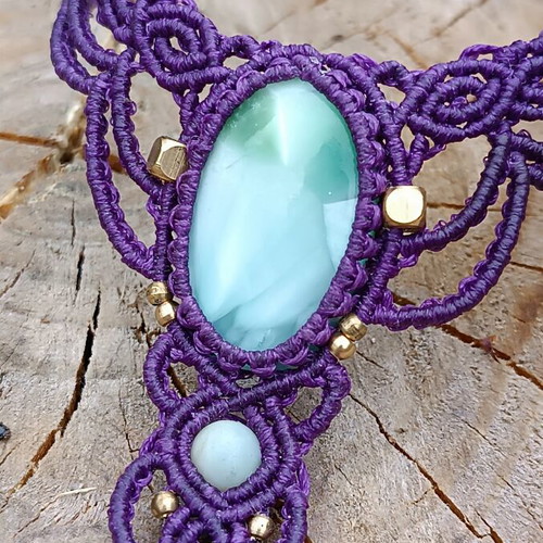 Macrame barefoot sandal with larimar semiprecious stone