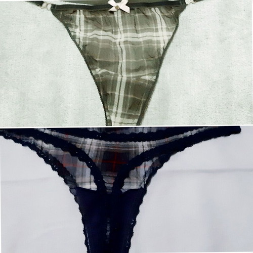 Zara plaid string panties 2-pack, green olive and dark blue, M/L