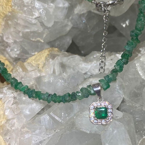Handmade necklace with natural emeralds and moissanites, silver 925