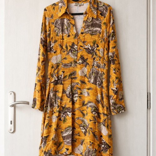 Dress with Greek Gods print like new, yellow, size S