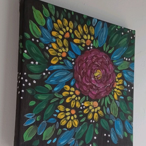 Handmade painting with flowers on black, new