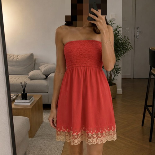 Bianco strapless dress with lace hem, like new, orange