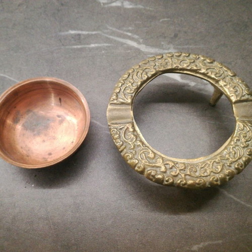 Copper serving set used, 4 pieces with embossed design
