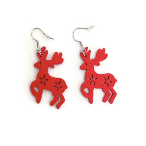 Wooden reindeer earrings new, red with stainless steel hooks