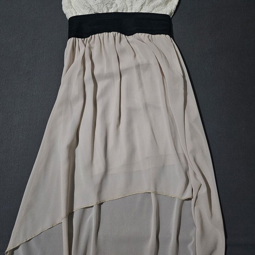 Strapless asymmetric dress with white lace bust