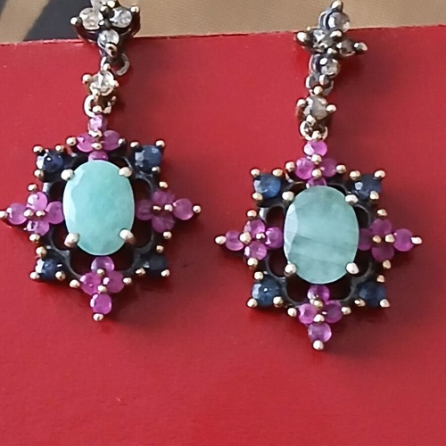 Earrings with rubies, sapphires, emeralds and diamonds vintage cut, 9k gold and 925 silver like new
