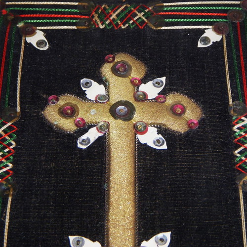 Vintage handmade embroidery Cross with gold thread and sequins in white frame