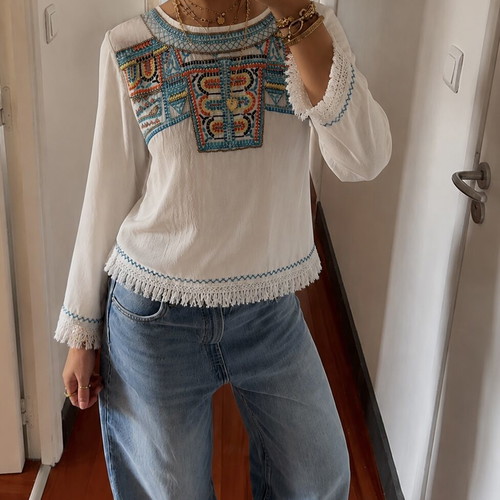 Malvin women's boho embroidered shirt with fringes and beads, new, size S