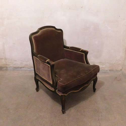 Wooden armchair vintage used with velvet upholstery
