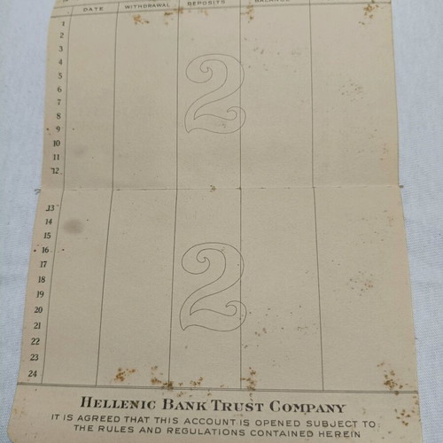 Hellenic Bank Trust Company deposit book used, New York 1942