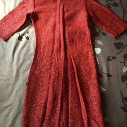 Boutique red boucle dress with asymmetric zipper and drapery, size M