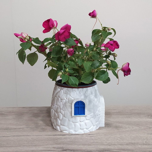 3D Printed Stone House Planter with Blue Door, New Greek Decor
