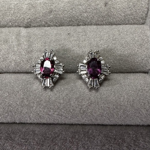 Natural Garnet Stud Earrings in 925 Sterling Silver with Zircon, new