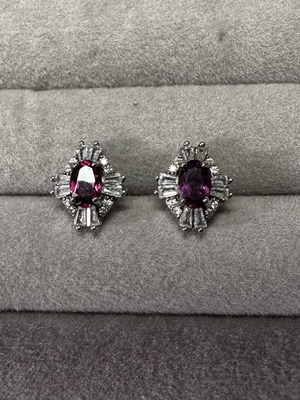 Natural Garnet Stud Earrings in 925 Sterling Silver with Zircon, new