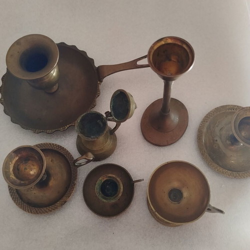 Vintage brass items used, set with 18 cm candlestick