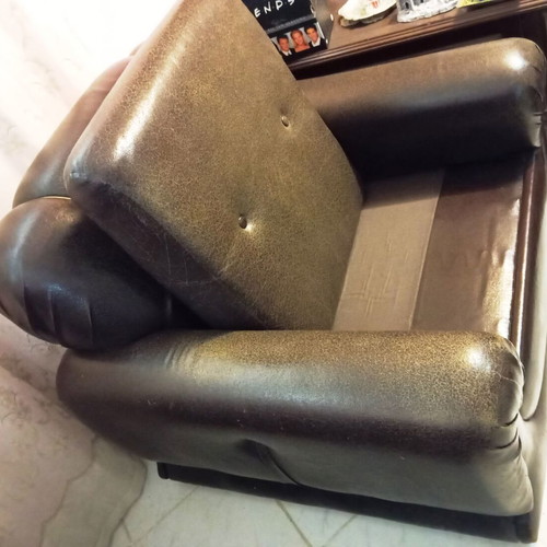 Armchairs and low seats set used, 2 armchairs and 2 stools with cushions