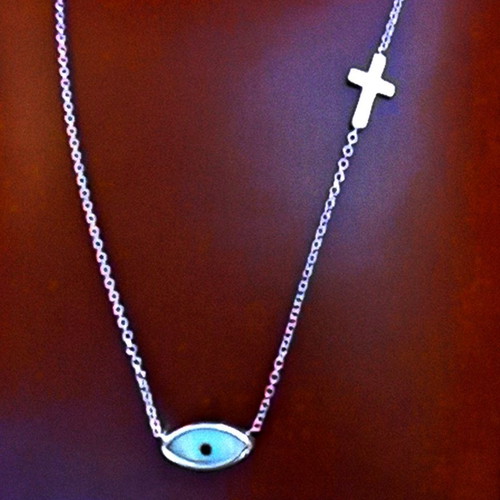 Gold necklace 375 with mother of pearl evil eye and side minimalist cross 45cm like new