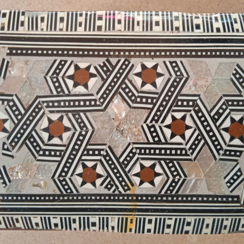 Wooden box with geometric decoration and velvet lining, like new