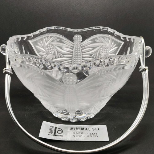 Crystal bowl for sweets like new with handle and butterflies 70s 80s