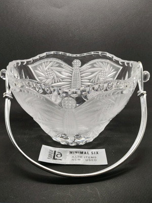 Crystal bowl for sweets like new with handle and butterflies 70s 80s