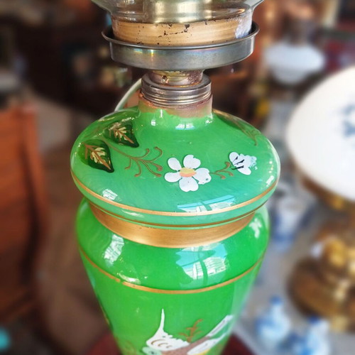 Vintage table lamp with green opaline base and floral bird motifs