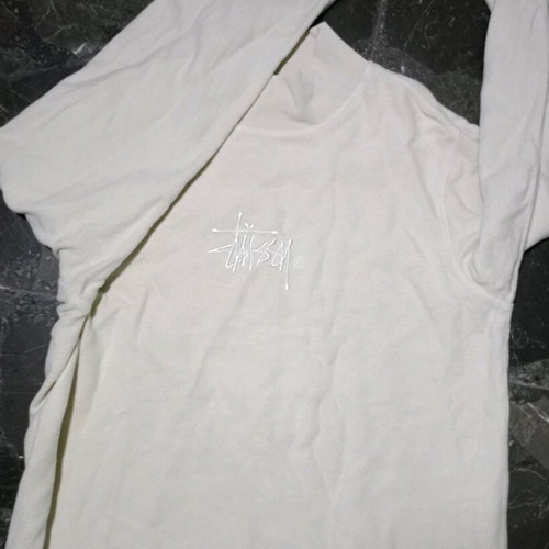 Unisex Stüssy cream mock neck sweatshirt used with embroidered logo