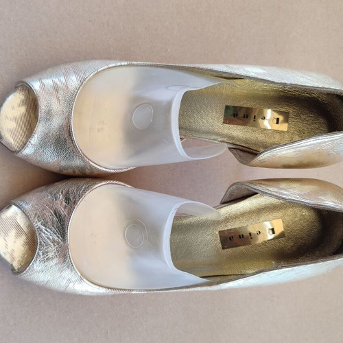 Peep-toe heels used, gold leather size 37