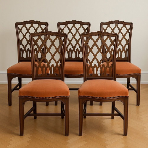 Vintage Saridis Walnut Chairs set of 5 used, Gothic Revival Chippendale