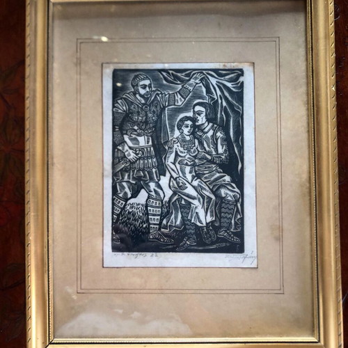 Spyros Gravani woodcut used, signed artwork 28x35cm