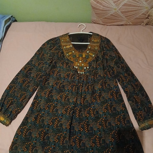 Anna Sui dress shirt, silk, ethnic oriental, brown tones