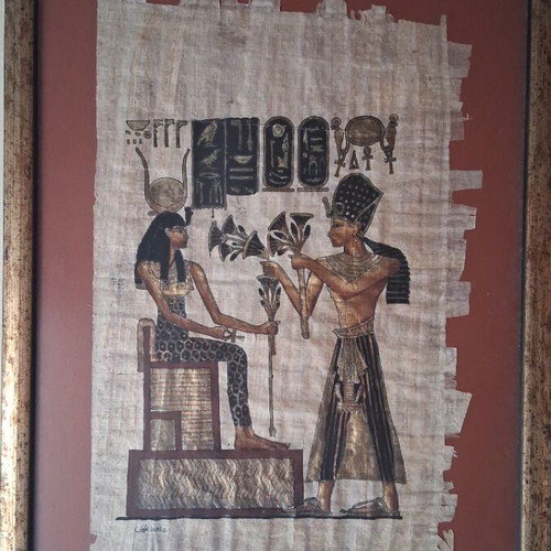 Egyptian Papyrus framed, like new, hand-painted by Adel Ghabour