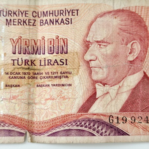 Collectible 20,000 Turkish Lira banknote used, 1980s