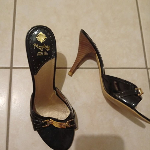 Replay black patent leather mules with gold buckle, size 39