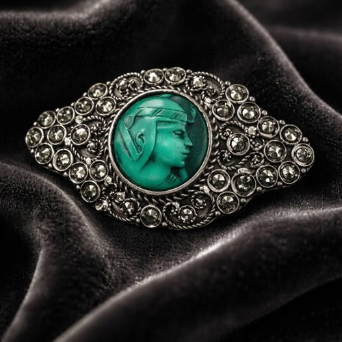 Vintage Silver Brooch with Green Cameo used, neoclassical style
