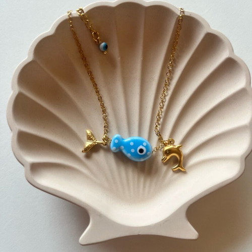 Anklet new stainless steel with turquoise ceramic fish and gold accents