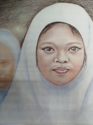 Asian nuns painting with watercolor pencils, new