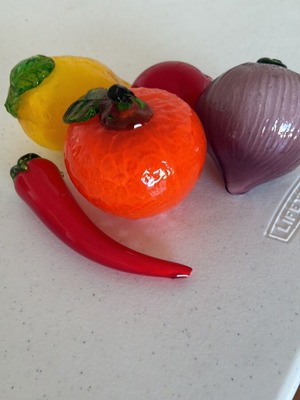 Glass decorative fruits and vegetables used, some with small cracks