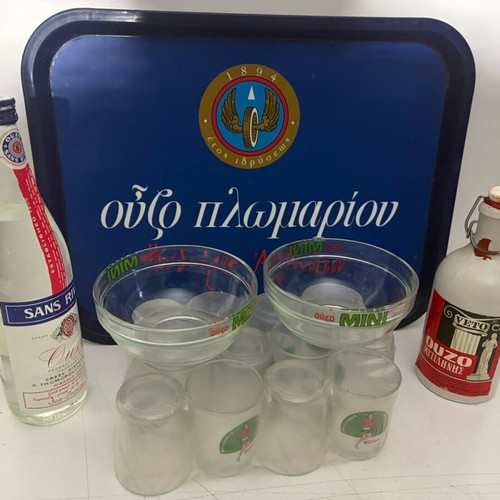 Glasses new, pack of 12 with mini epom, bowls, tray and collectible ouzo