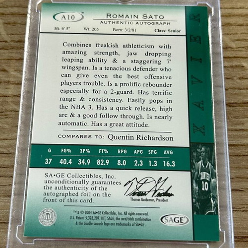 Romain Sato College Sage 2004 basketball card in acrylic case, Panathinaikos